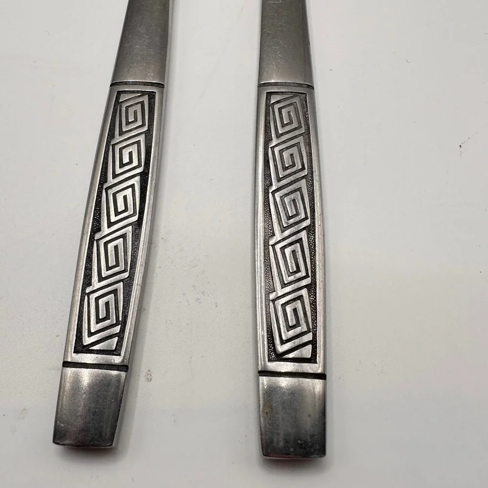 Vintage Greek Key Pattern Stainless Steel Dinner Knives Set of 2 Serrated Silver